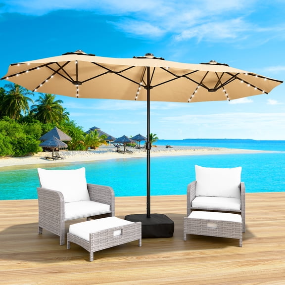LEVELEVE 15FT Large Patio Umbrella with Base & Solar LED Lights - Double-Sided,Khaki