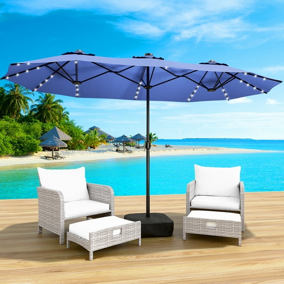 LEVELEVE 15FT Oversized Double-Sided Patio Umbrella with Stable Base & Solar-Powered LED Lights,Blue