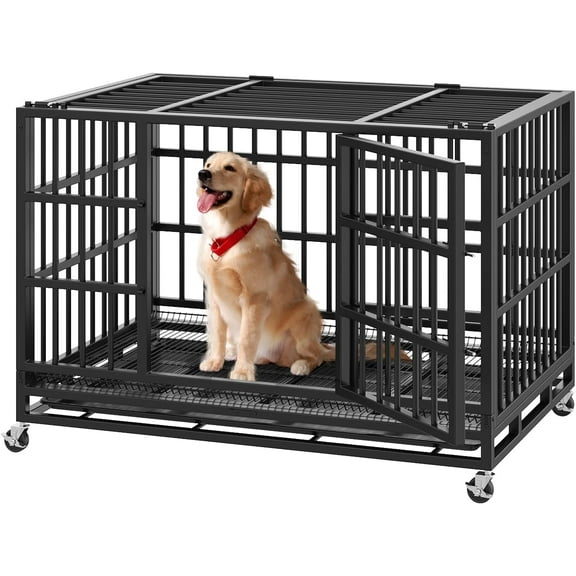 LEVELEVE 48 Inch Heavy Duty Indestructible Dog Crates for Large Dogs，Escape Proof Dog Cage Large Dogs with Lockable Wheels，Dog Kennel Furniture Indoor&Outside