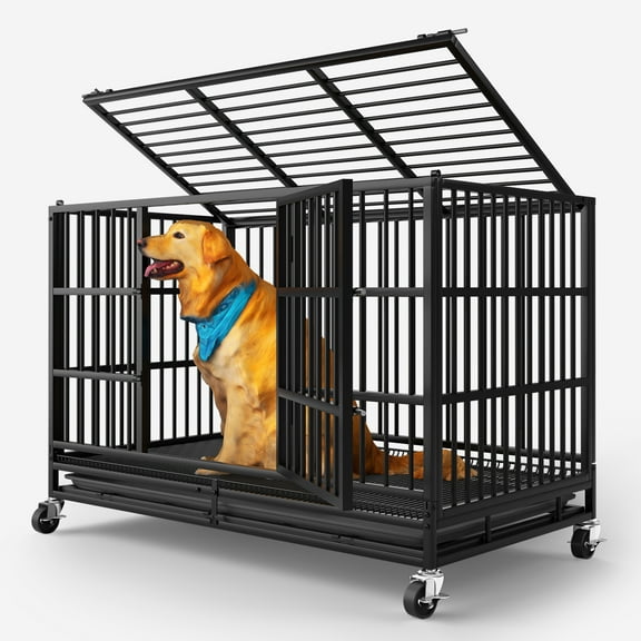 LEVELEVE 54" Heavy-Duty Indestructible Dog Crate – Escape-Proof Cage for Large Dogs with Lockable Wheels, Indoor & Outdoor Furniture-Style Kennel