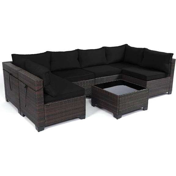 LEVELEVE 7 Pieces Outdoor Patio Furniture Sets,Rattan Conversation Sectional Set,Manual Weaving Wicker Patio Sofa with Tea Table