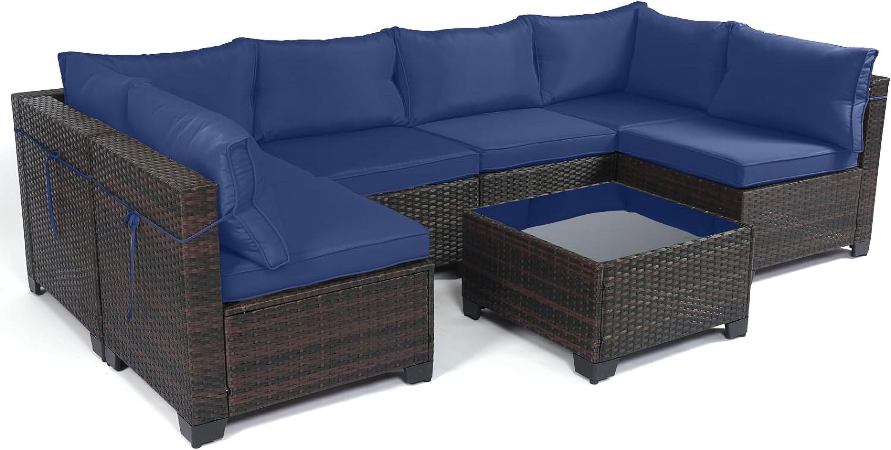 7-Piece Dark Blue Wicker Patio Sofa Set with Black Frame