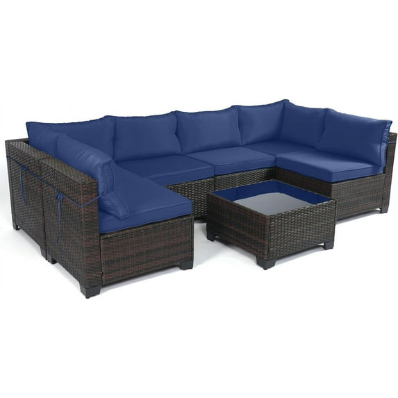 LEVELEVE 7 Pieces Outdoor Patio Furniture Sets,Rattan Conversation Sectional Set,Manual Weaving Wicker Patio Sofa with Tea Table