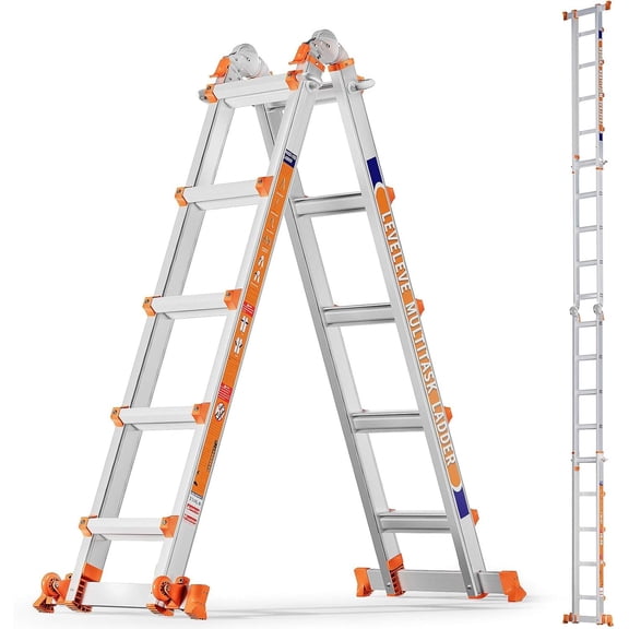 LEVELEVE A Frame 5 Step Ladder, 17FT Extension Ladder with Stabilizer Bar & Wheels,330 lbs Security Load Multi Position Ladder for Stairs Home Indoor Outdoor Roof