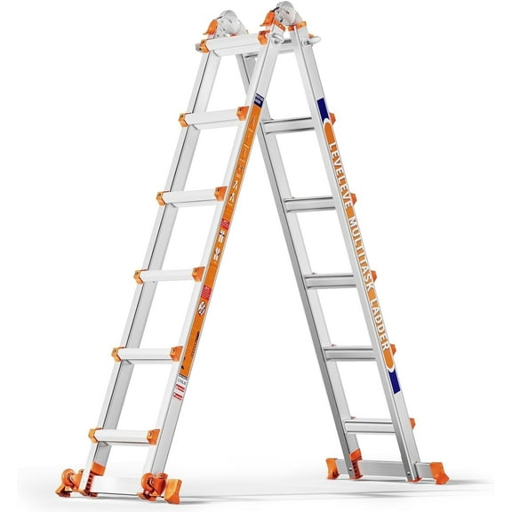 LEVELEVE A Frame 6 Step Ladder, 22FT Extension Ladder with Stabilizer Bar & Wheels,330 lbs Security Load Multi Position Ladder for Stairs Home Indoor Outdoor Roof