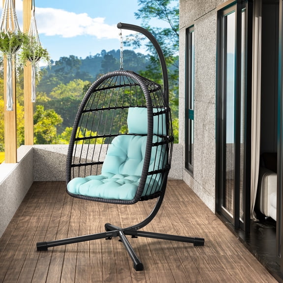 LEVELEVE Hanging Egg Chair with Stand, Patio Rattan Wicker Swing Chair, Oversized Hammock Seat for Bedroom Porch Garden, Thickened Steel Frame & UV Resistant Cushion, 350LBS Capacity(Lake Blue)