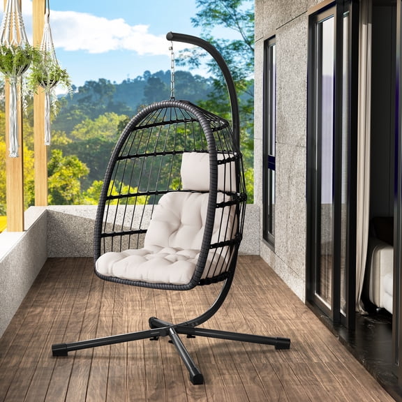 LeveLeve Hanging Egg Chair with Cushion, Beige