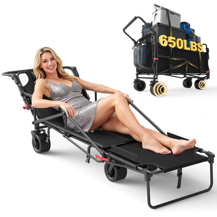 LEVELEVE Heavy Duty Folding Wagon - 2-in-1 Collapsible Cart, 650lb Capacity, All-Terrain Wheels w/Brakes & Side Pockets (Black)