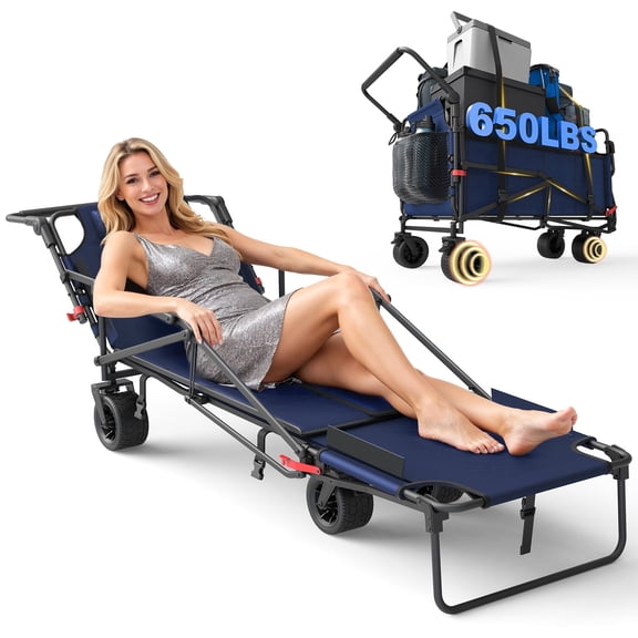 LEVELEVE Heavy Duty Folding Wagon - 2-in-1 Collapsible Cart, 650lb Capacity, All-Terrain Wheels w/Brakes & Side Pockets (Blue)