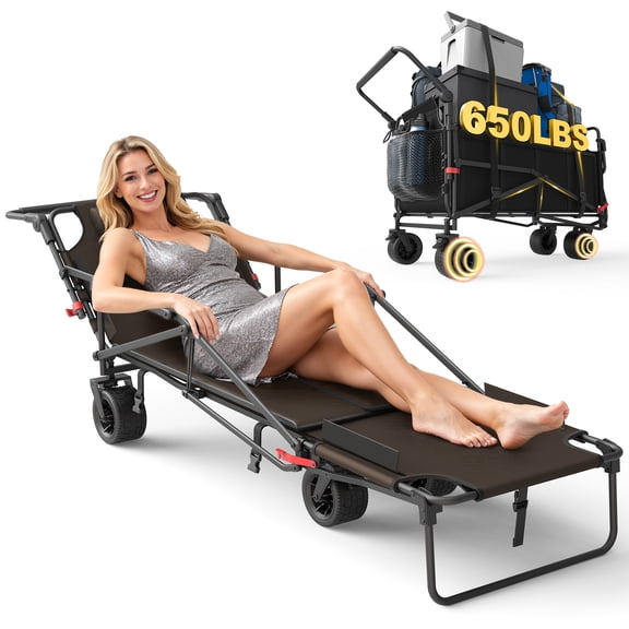 LEVELEVE Heavy Duty Folding Wagon - 2-in-1 Collapsible Cart, 650lb Capacity, All-Terrain Wheels w/Brakes & Side Pockets (Brown)