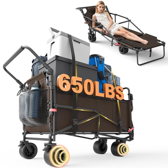 LEVELEVE Heavy Duty Folding Wagon - 2-in-1 Collapsible Cart, All-Terrain Wheels w/Brakes & Side Pockets (Brown, 650lb Capacity)