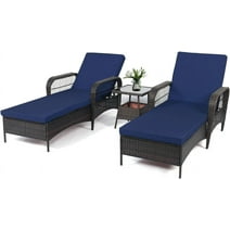 LEVELEVE Outdoor Patio Lounge Chairs PE Rattan Chaise Lounge with w/6 Positions Adjustable Backrest Armrests Padded Cushions for Poolside Balcony Garden Deck (B-Dark Blue, 1 Single Lounge)