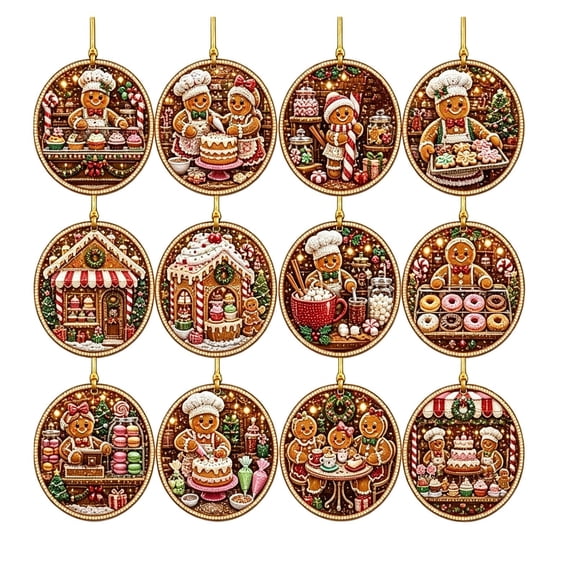 LEVEO 12pcs Gingerbread DIY Xmas Wood Diamond Art Hanging Ornaments,DIY Pearl Diamond Art Painting Christmas Ornaments Kit,12pcs Wooden Xmas DIY Hanging Decor,For Indoor Decor