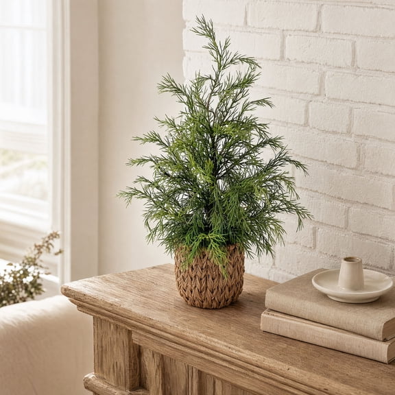 LEVEO 18 Inch Artificial Potted Cypress Tree, Mini Tabletop Cedar Christmas Tree in Rustic Woven Basket, Farmhouse Winter Greenery Decor