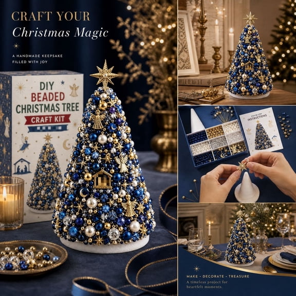 LEVEO 3D DIY Beaded Christmas Tree Craft Kit,3D Beaded Holiday Tree Kit,3D Crystal Bead Holiday Craft Set,Xmas Home Tabletop Tree Decor Gift(Holy Night)