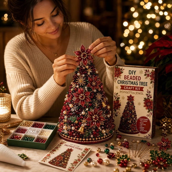 LEVEO 3D DIY Beaded Christmas Tree Craft Kit,3D Beaded Holiday Tree Kit,3D Crystal Bead Holiday Craft Set,Xmas Home Tabletop Tree Decor Gift(Poinsettia Jewel)