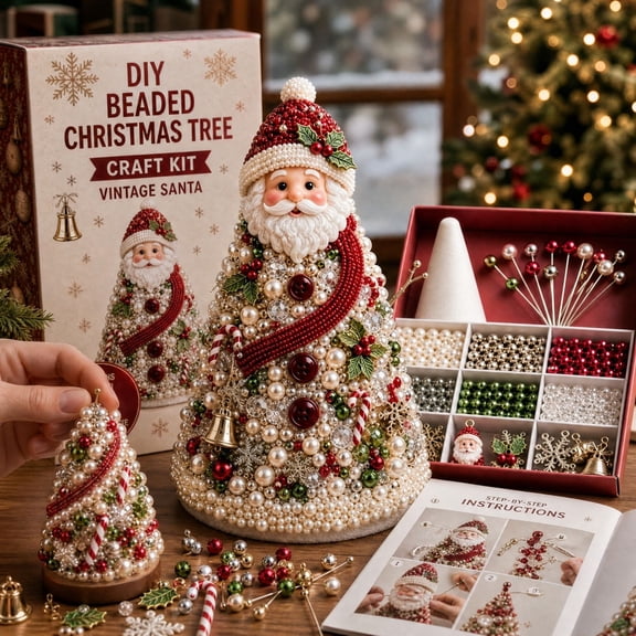 LEVEO 3D DIY Beaded Christmas Tree Craft Kit,3D Beaded Holiday Tree Kit,3D Crystal Bead Holiday Craft Set,Xmas Home Tabletop Tree Decor Gift(Vintage Santa)