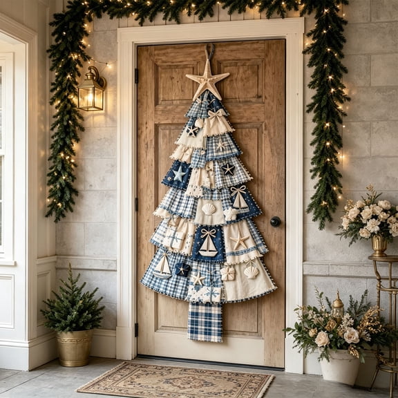 LEVEO 78.7 Inch DIY Patchwork Christmas Tree Craft Kit, Handmade Starfish Topper Fabric Sewing Set, Holiday Wall Door Hanging Decoration for Home Living Room(#C)