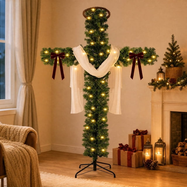 LEVEO Artificial Cross Shaped Christmas Tree with LED Twinkling Lights ...