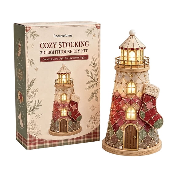 LEVEO Christmas Glow 3D Lighthouse DIY Kit,DIY Lighted Christmas Character Sea Glass-Style Lighthouse Kit Collection,Beginner Friendly Handmade Craft(Cozy Stocking)