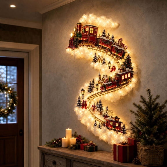 LEVEO Christmas Magic Trail Wall Light(Train),Space-Saving LED Cascading Holiday Decor,Train LED Glowing Christmas Scene Wall Decoration,Glowing Wall Decoration,For Indoor Decor