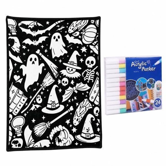 LEVEO DIY Halloween Washable Coloring Blanket Kit for Kids & Adults,DIY Halloween Coloring Blanket for Adults & Kids, a thoughtful present for friends, family, and anyone fond of art(#I)