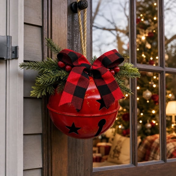 LEVEO Giant Metal Christmas Bells with Bow,Rustic Christmas Jingle, Vintage Metal Christmas Bell Hanging Ornament,Outdoor Christmas Bells Decor, for Porch Mantel Holiday Decor(Red)