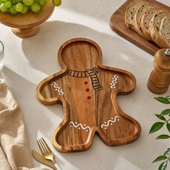 LEVEO Gingerbread Man Charcuterie Board,Gingerbread Man Christmas Charcuterie Board Wood Serving Tray,Creative Dessert Platter,Christmas Party Holiday Decoration