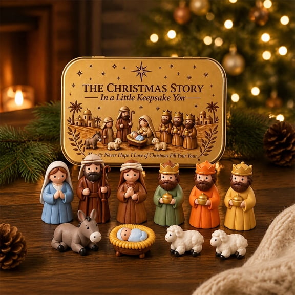 LEVEO Mini Christmas Nativity Set in a Tin Box,Handcrafted Pocket Size Nativity Scene Gift Tin,Mini Christmas Figurines,Christmas Christian Decoration Indoor for Home Gifts Decor(#B)