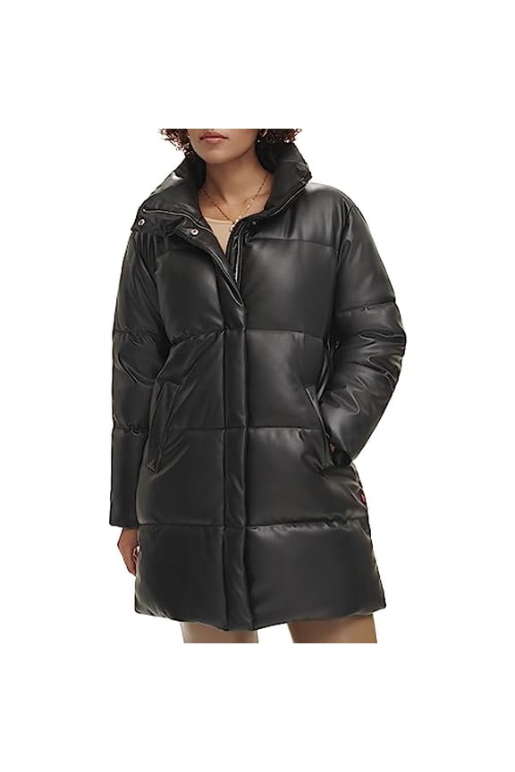 FAUX LEATHER MID-LENGTH PUFFER COAT - SIZE: WOMEN M - BLACK