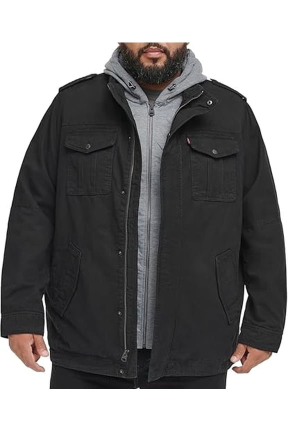 MEN'S COTTON HOODED MILITARY JACKET REGULAR & BIG & TALL MEN LT - BLACK
