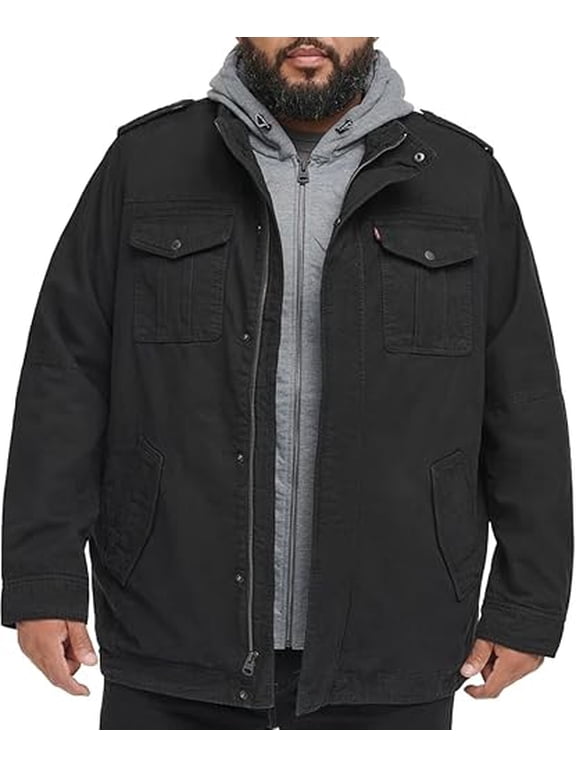 MEN'S COTTON HOODED MILITARY JACKET REGULAR & BIG & TALL MEN LT - BLACK