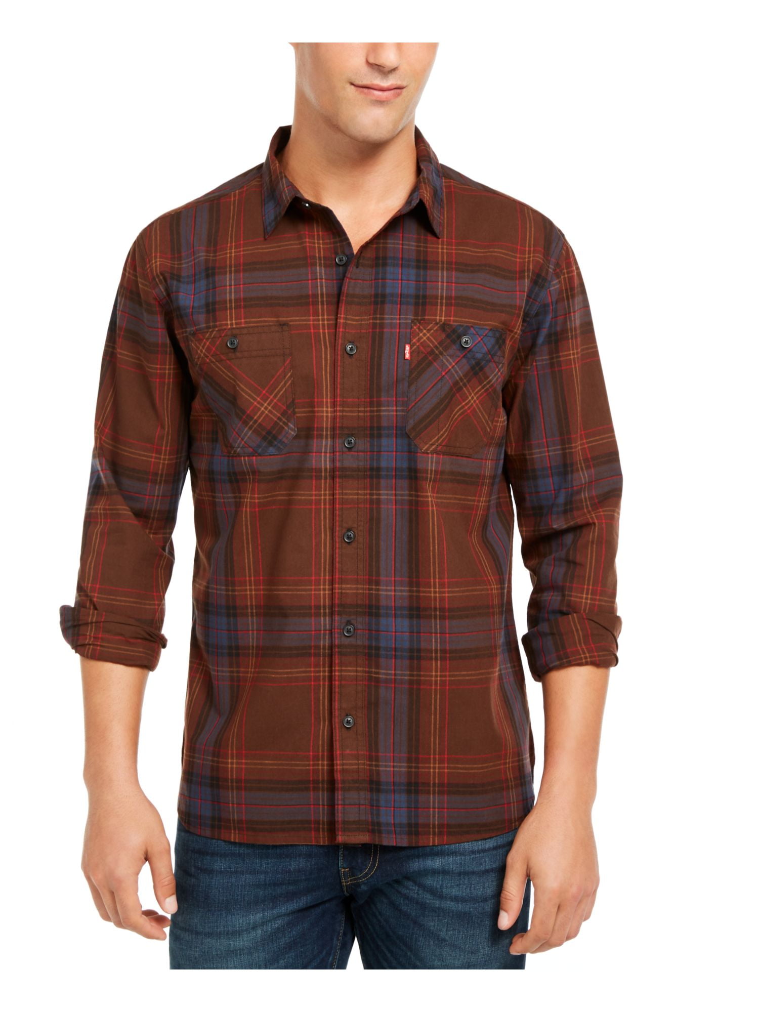 LEVI'S Mens Brown Tartan Plaid Long Sleeve Classic Fit Button Down