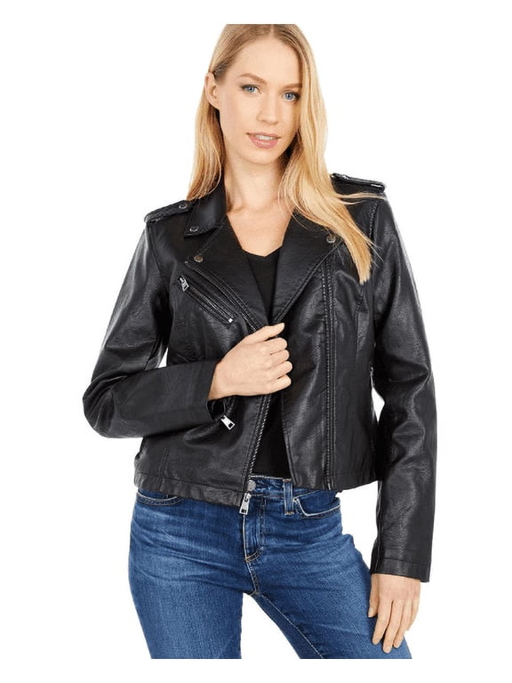 Women's Black Faux-Leather Moto Jacket, XS