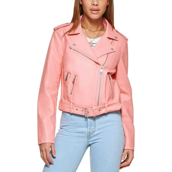 LEVI'S Women's Faux-Leather Belted Hem Moto Jacket B4HP (Coral,Regular,S)
