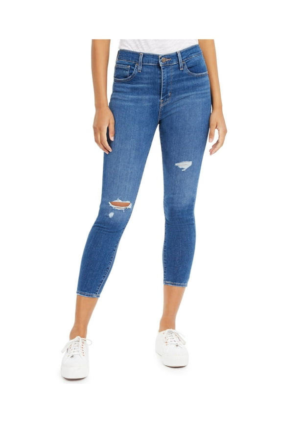 LEVI STRAUSS & CO Womens Navy Denim Zippered Pocketed Distressed Super-skinny Cropped Jeans W25