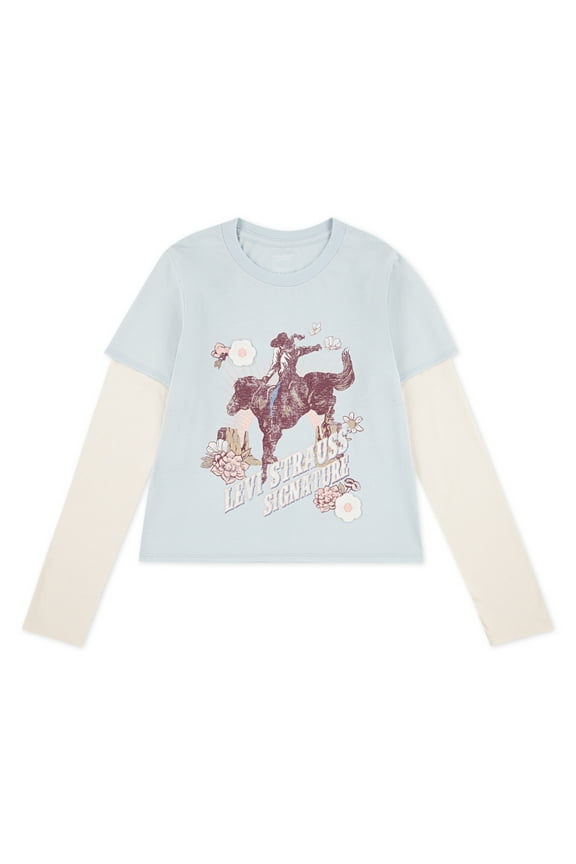 Girls Long Sleeve Two-fer Graphic Tee, Sizes 4-16