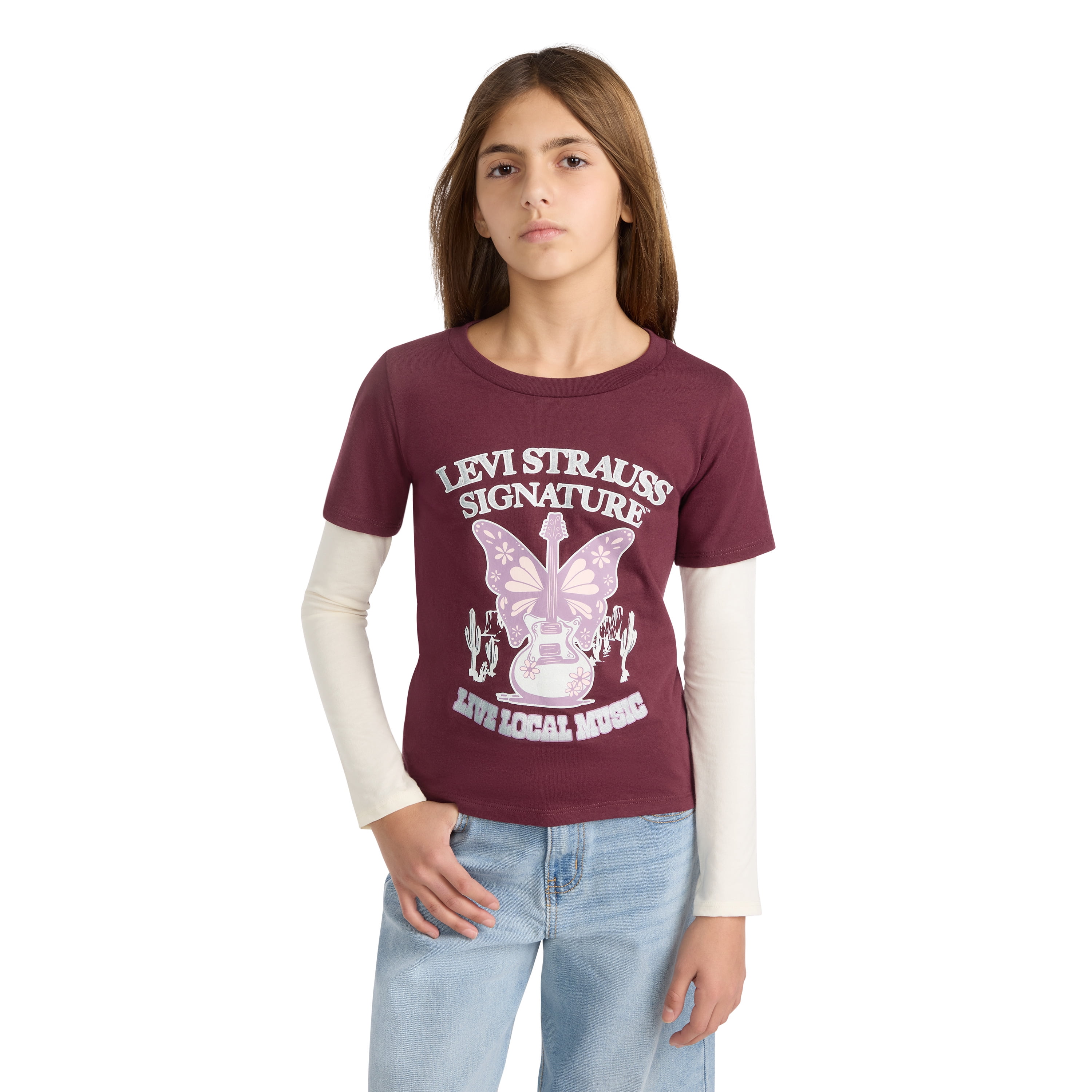 Levi Strauss Signature Girls Long Sleeve Two-fer Graphic Tee, Sizes 4-16