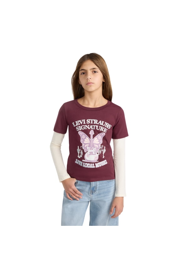 Girls Long Sleeve Two-fer Graphic Tee, Sizes 4-16