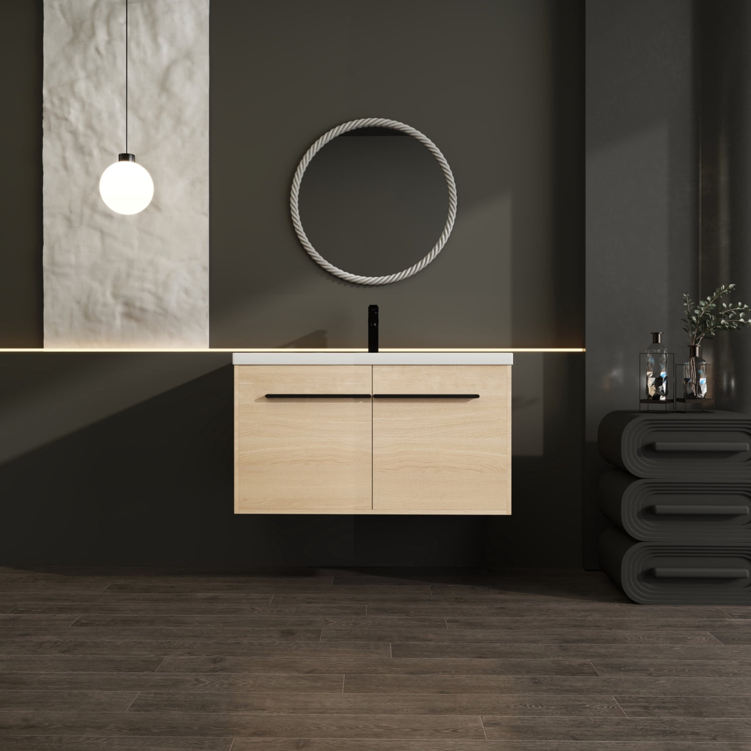 LEVISTAR Oak 36 Inch Bathroom Vanity with resin Countertop Sink 2 Doors ...