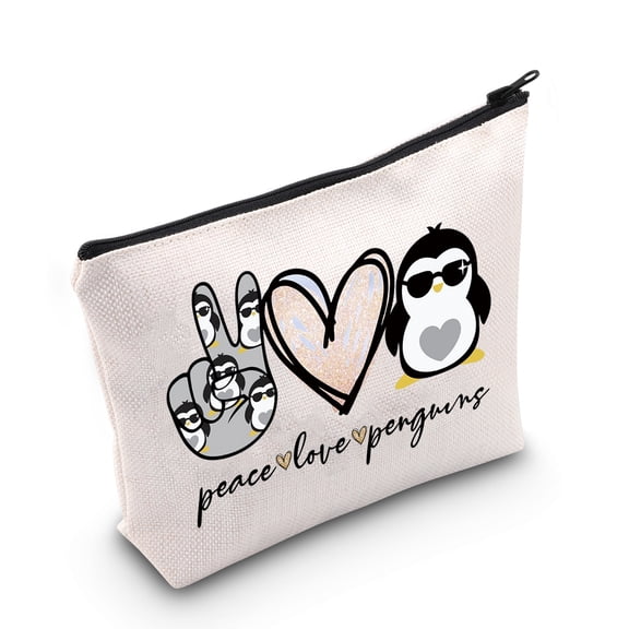 LEVLO Funny Penguins Cosmetic Make up Bag Animal Lover Gift Peace Love Penguins Makeup Zipper Pouch Bag Penguins Lover Gift For Women Girls
