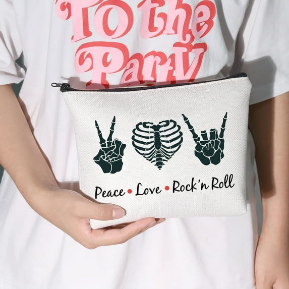 LEVLO Funny Rock and Roll Cosmetic Bag Guitar Retro 80s Hippie Hippi Gift Peace Love Rock'N Roll Makeup Zipper Pouch Bag For Friend Family