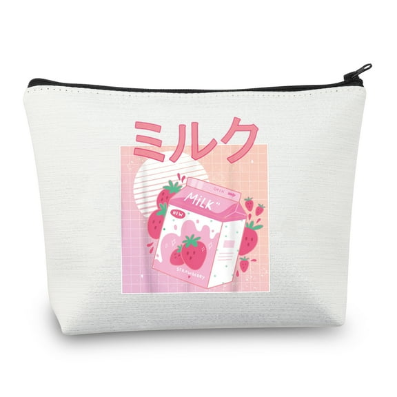 LEVLO Retro 90s Japanese Anime Cosmetic Bag Anime Kawaii Lover Gift Kawaii Strawberry Milk Shake Makeup Zipper Pouch Bag For Women Girls Tees