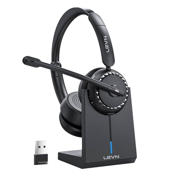 LEVN Wireless Headset, Wireless Headset with Mic for Work, AI Noise Cancelling, 65 Hrs Working Time, Bluetooth Headphones with Microphone from Computer/Call Center/Teams