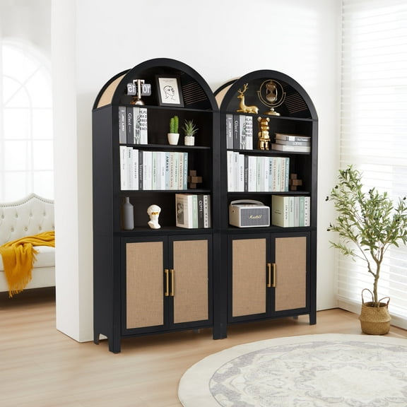 MIYZEAL 2PCS 71" Wide Black Arch Bookcase - 6-Tier Open Display Shelf with Rattan Storage Cabinet & Doors for Living Room/Study