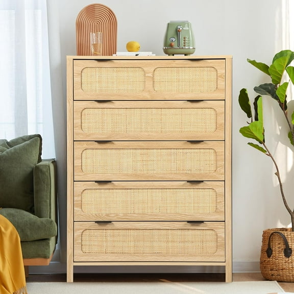 LEVNARY 5 Drawer Chest Dresser, Rattan Tall Dresser 5 Chest of Drawers Dressers for Bedroom, Wooden Storage Cane Cabinet with Metal Handles for Living Room Hallway (Natural)