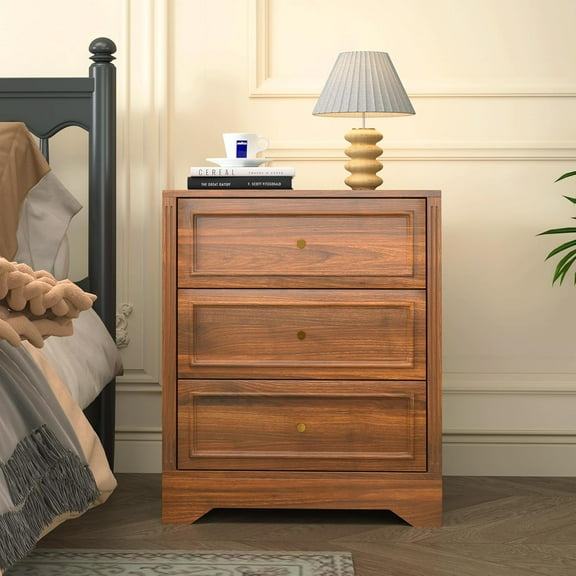 LEVNARY Farmhouse 3-Drawer Nightstand with Carved Sides, Wooden End Table with Stable Base, 23-inch Wide Bedside Table, Small Dresser Chest of Drawers for Bedroom Living Room (Walnut)