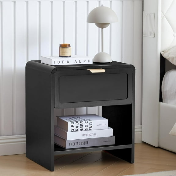 LEVNARY Nightstand with Charging Station, Mid-Century Modern Bedside Table with Curved Top Corners and Fabric-Like Textured Drawer, Wooden End Table for Farmhouse Bedroom Living Room (1, Black)