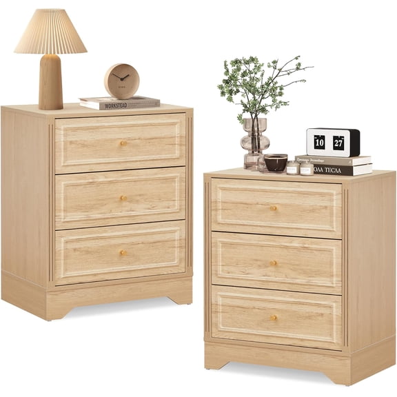 LEVNARY Nightstand Set of 2, Wooden 3-Drawer Bedside Table with Carved Sides, 23-inch Wide End Table with Stable Base, Small Dresser Chest of Drawers for Bedroom Living Room (Natural)
