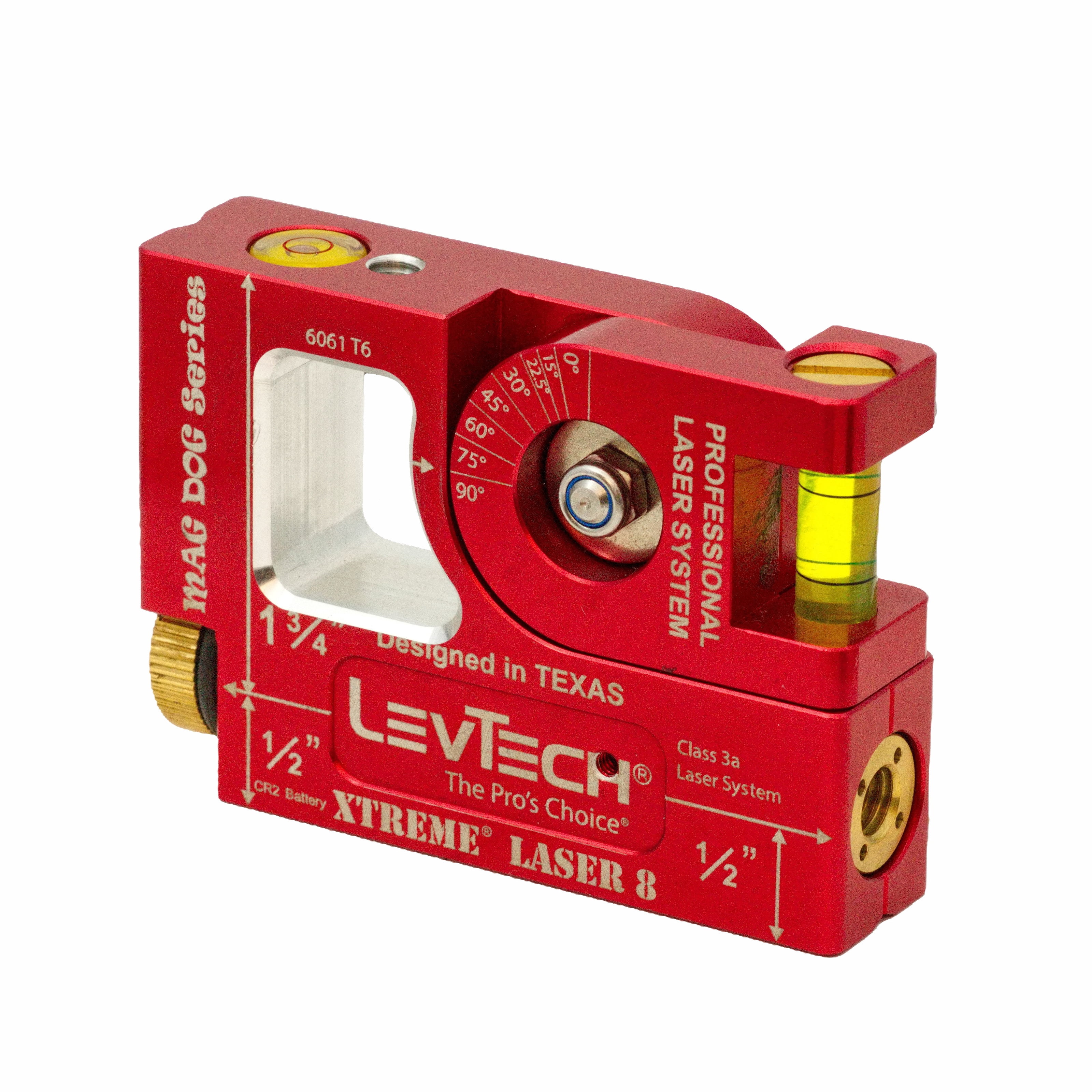 LEVTECH® Xtreme Laser Dog 8™ Laser Level – 2.24 mW Red Laser, 1/8” Accuracy at 100 ft, Billet Aluminum, Bullseye Vial, V-Groove Base